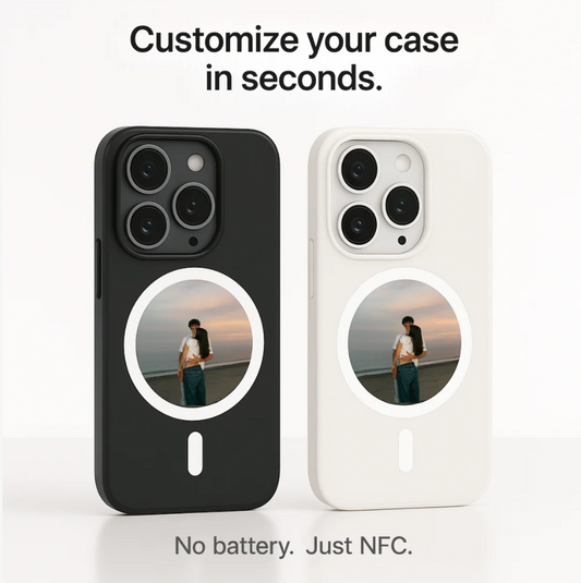 NFC smart phone case with round e-ink display showing customizable design
