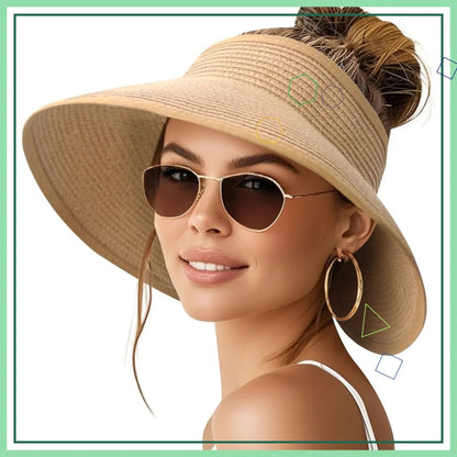 Wide Brim Straw Beach Hat for Women | UPF 50+ Packable Floppy Sun Hat with Ponytail Hole