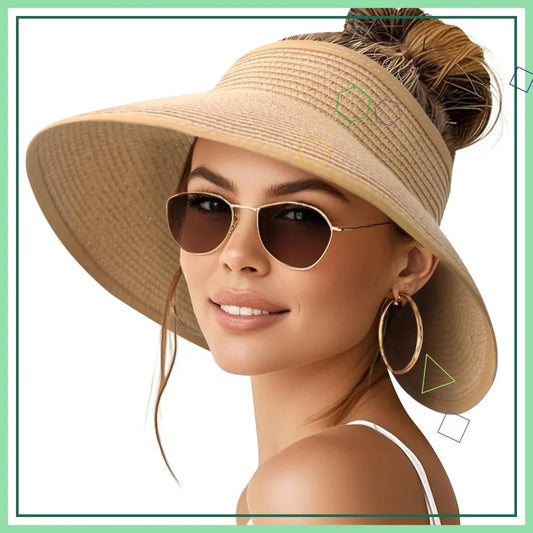 Wide Brim Straw Beach Hat for Women | UPF 50+ Packable Floppy Sun Hat with Ponytail Hole