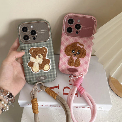 Case Checkered Embroidery Of Small Dog And Bear Phone Cover﻿﻿﻿﻿