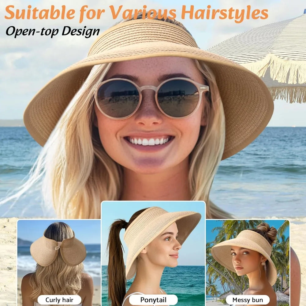 Wide Brim Straw Beach Hat for Women | UPF 50+ Packable Floppy Sun Hat with Ponytail Hole