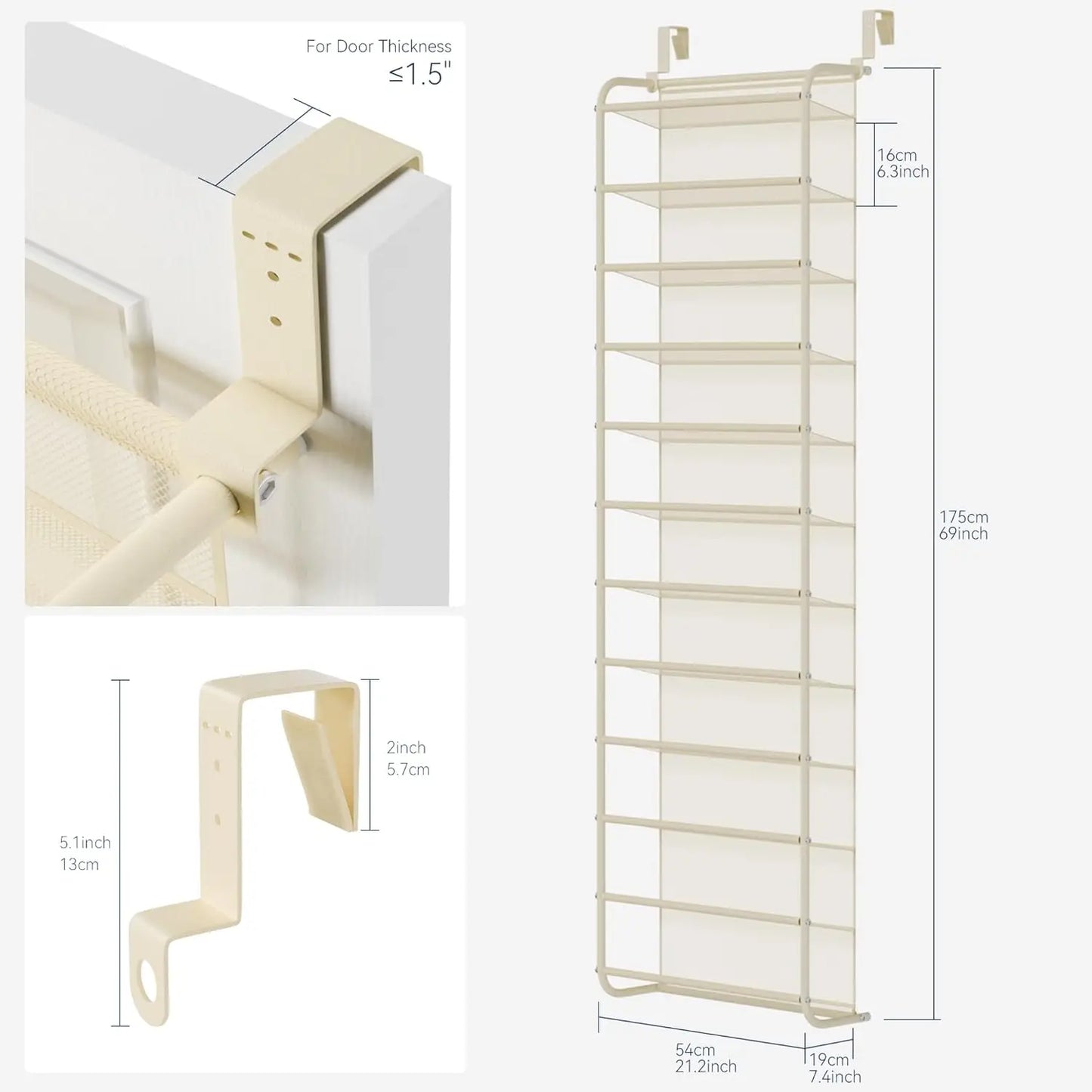 36-Pair Over-the-Door Shoe Organizer | 12-Tier Heavy Duty Metal Mesh Hanging Rack, Beige