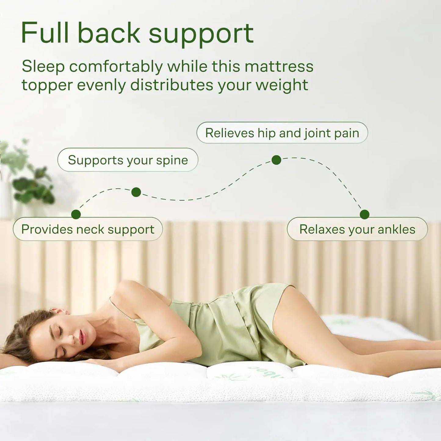 King Size Bamboo Viscose Mattress Topper | Cooling Ultra-Soft Back Pain Relief, Green