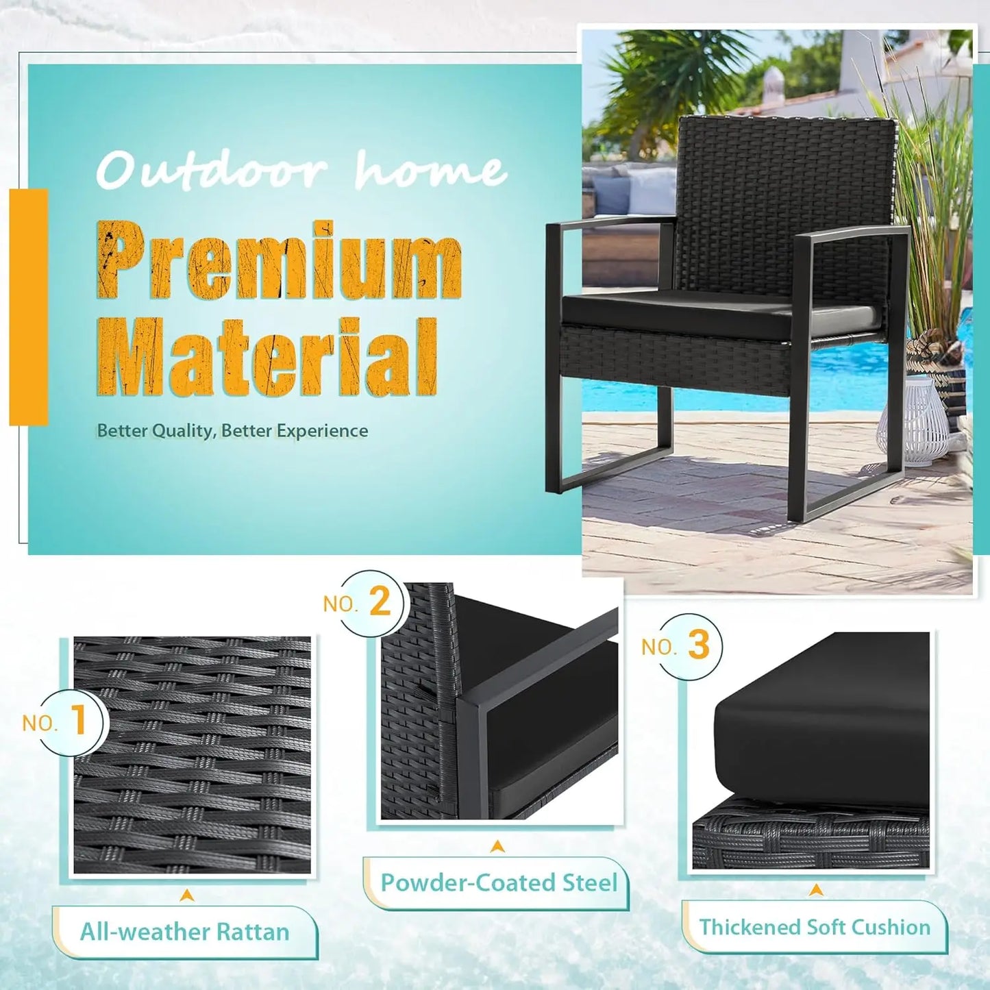 3-Piece Outdoor Patio Wicker Furniture Set | Rattan Chairs & Coffee Table, Black