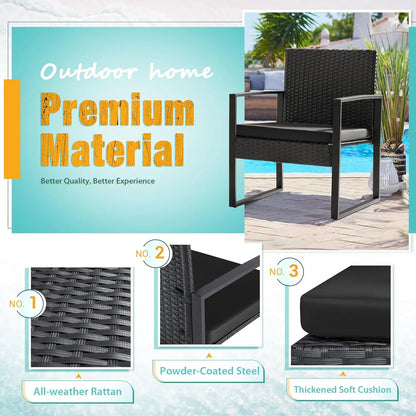3-Piece Outdoor Patio Wicker Furniture Set | Rattan Chairs & Coffee Table, Black