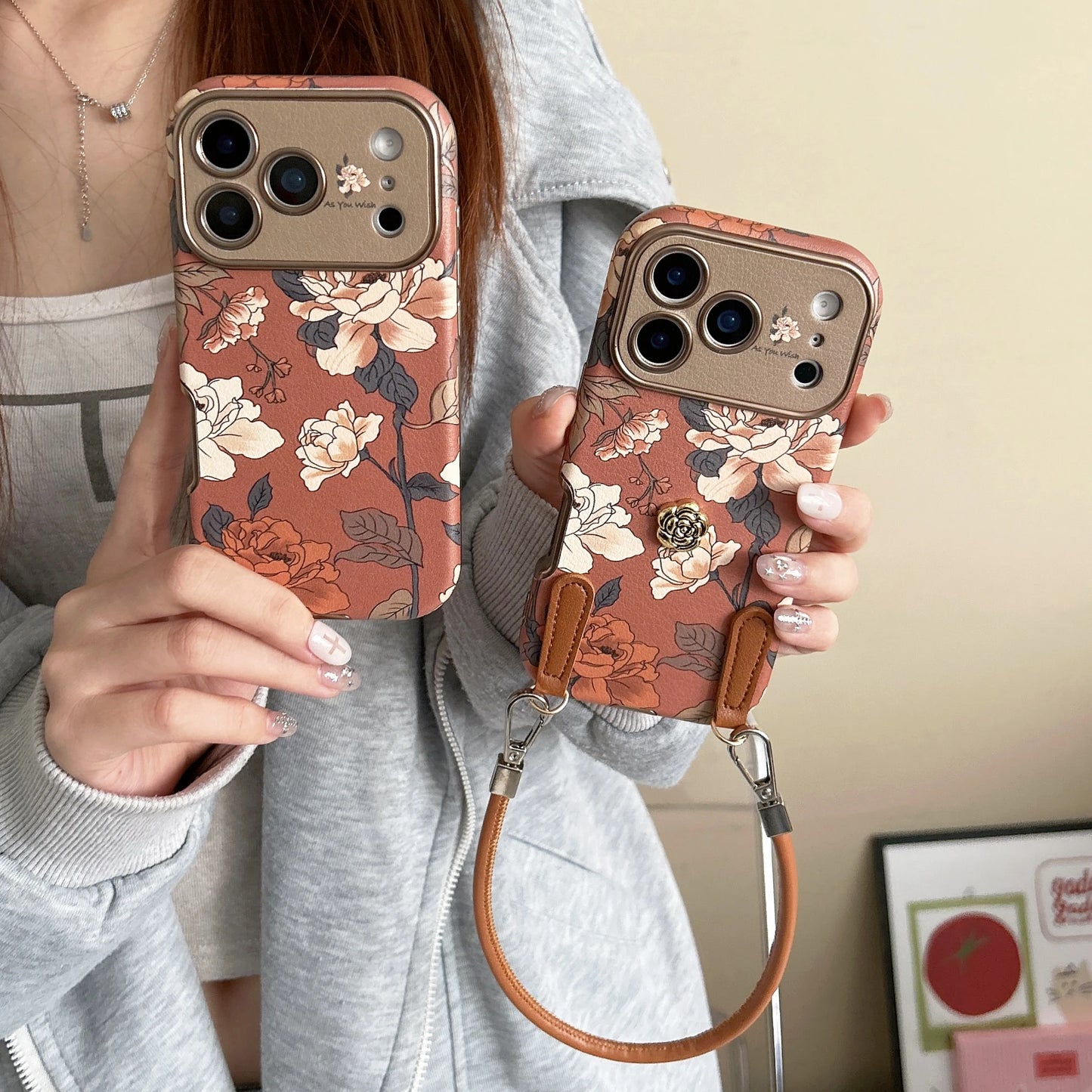 Retro oil painting floral phone case with elegant hanging rope