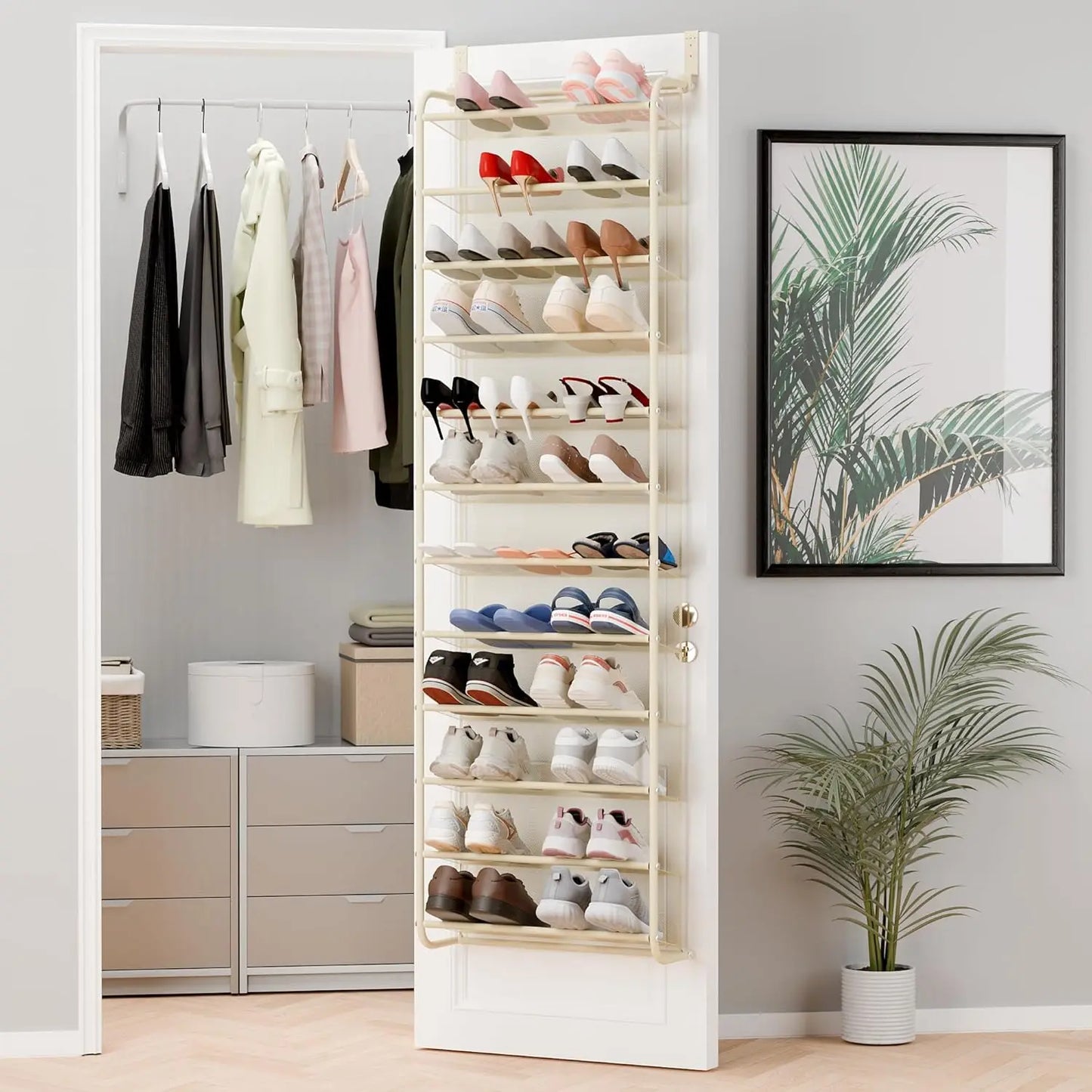 36-Pair Over-the-Door Shoe Organizer | 12-Tier Heavy Duty Metal Mesh Hanging Rack, Beige