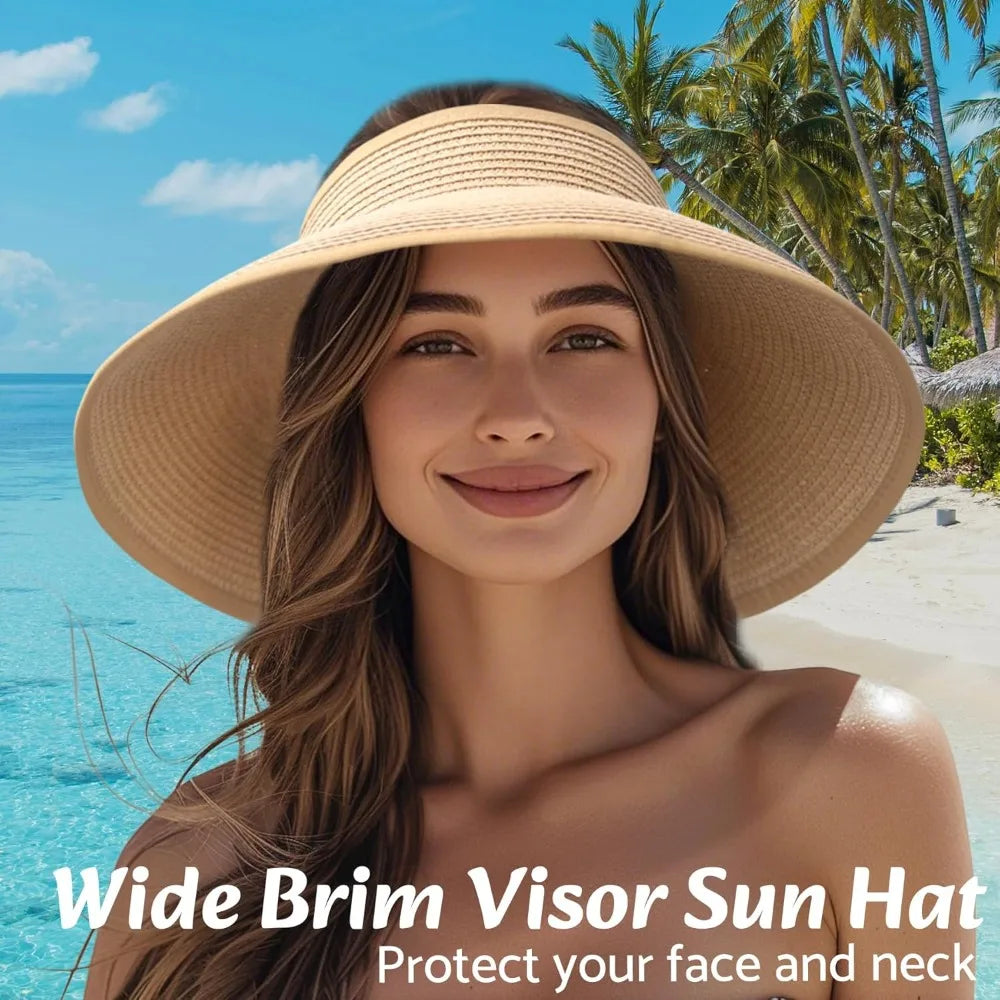 Wide Brim Straw Beach Hat for Women | UPF 50+ Packable Floppy Sun Hat with Ponytail Hole