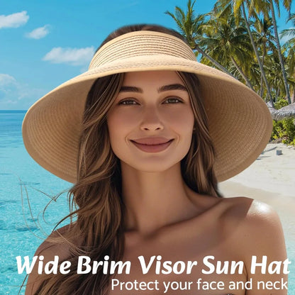 Wide Brim Straw Beach Hat for Women | UPF 50+ Packable Floppy Sun Hat with Ponytail Hole