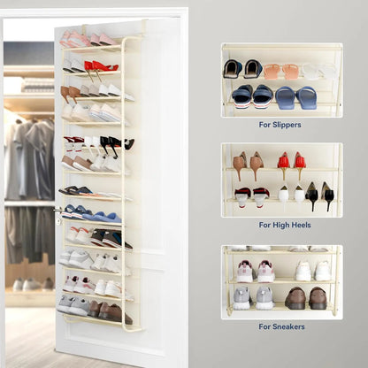 36-Pair Over-the-Door Shoe Organizer | 12-Tier Heavy Duty Metal Mesh Hanging Rack, Beige