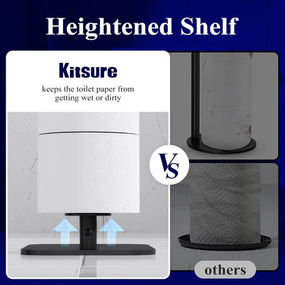 Free-Standing Toilet Paper Holder with Shelf | Rustproof Metal Bathroom Organizer, Black