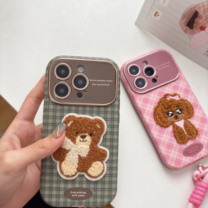 Case Checkered Embroidery Of Small Dog And Bear Phone Cover﻿﻿﻿﻿