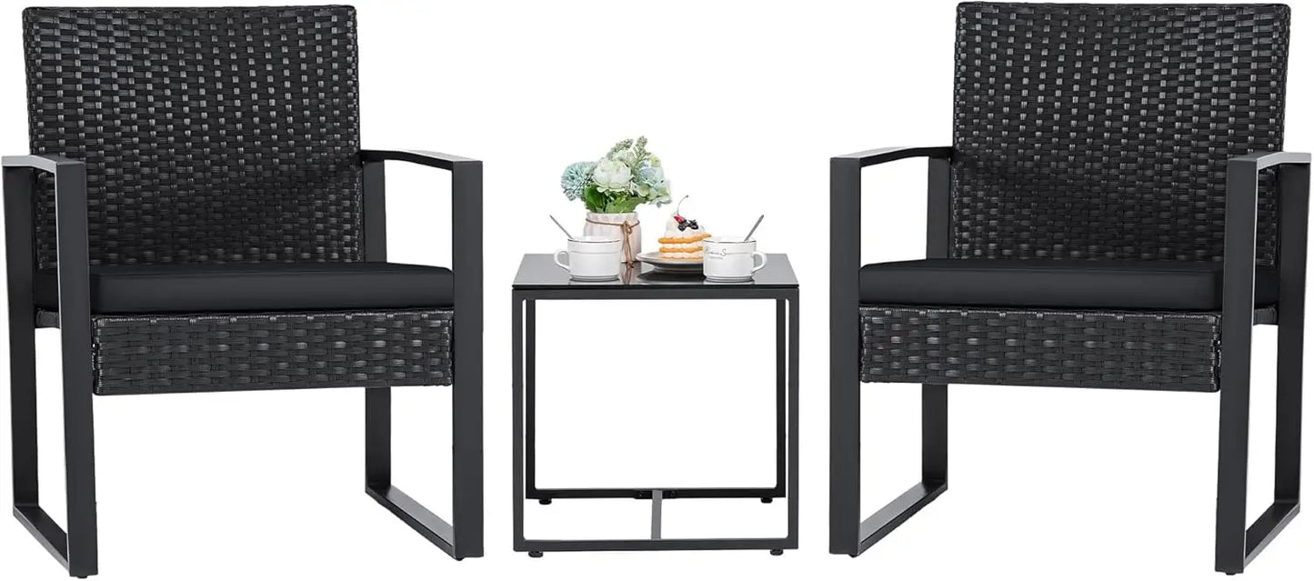 3-Piece Outdoor Patio Wicker Furniture Set | Rattan Chairs & Coffee Table, Black