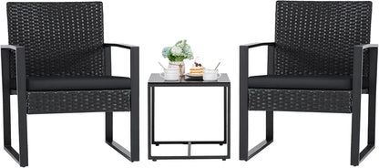 3-Piece Outdoor Patio Wicker Furniture Set | Rattan Chairs & Coffee Table, Black