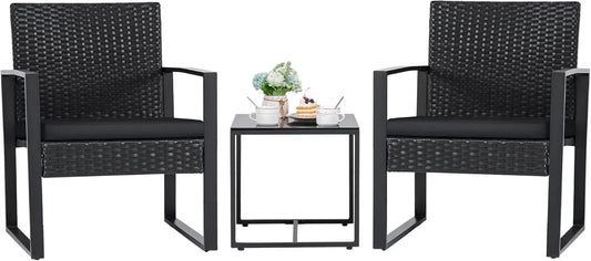 3-Piece Outdoor Patio Wicker Furniture Set | Rattan Chairs & Coffee Table, Black