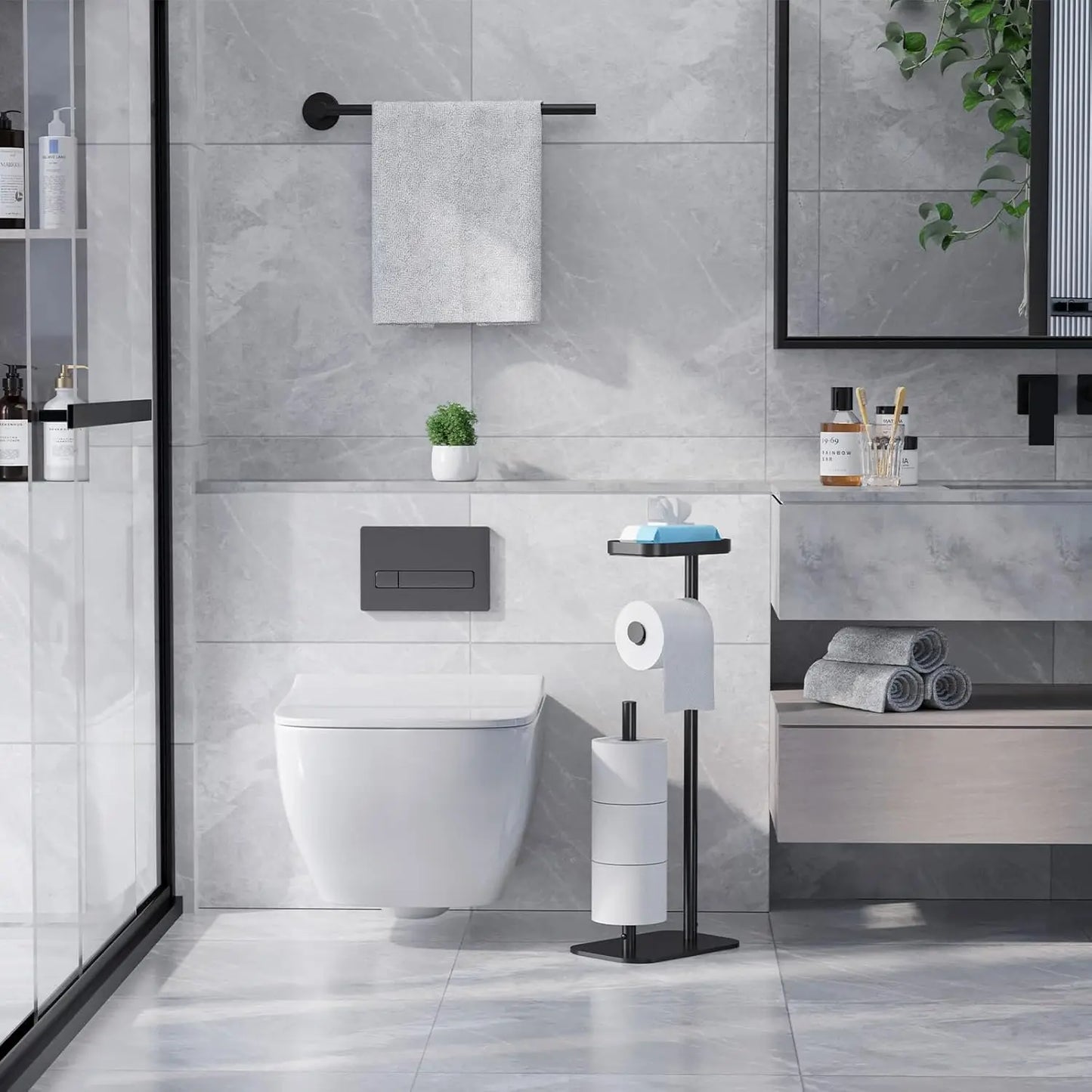 Free-Standing Toilet Paper Holder with Shelf | Rustproof Metal Bathroom Organizer, Black