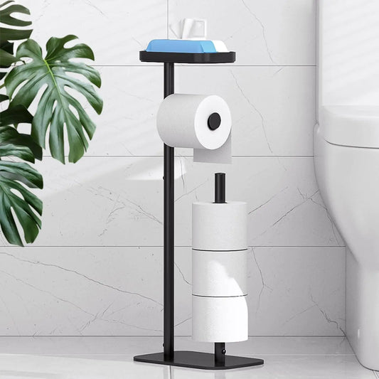 Free-Standing Toilet Paper Holder with Shelf | Rustproof Metal Bathroom Organizer, Black