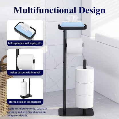 Free-Standing Toilet Paper Holder with Shelf | Rustproof Metal Bathroom Organizer, Black