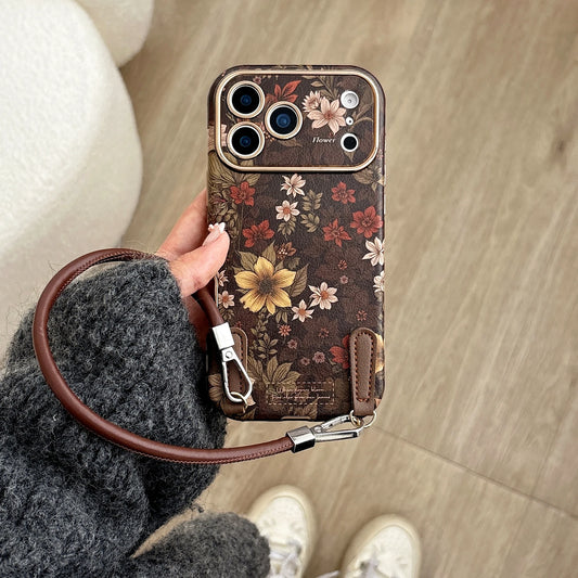 Korean Ins Full Screen Retro Vibrant Flower Leather Wrist Strap Phone Case