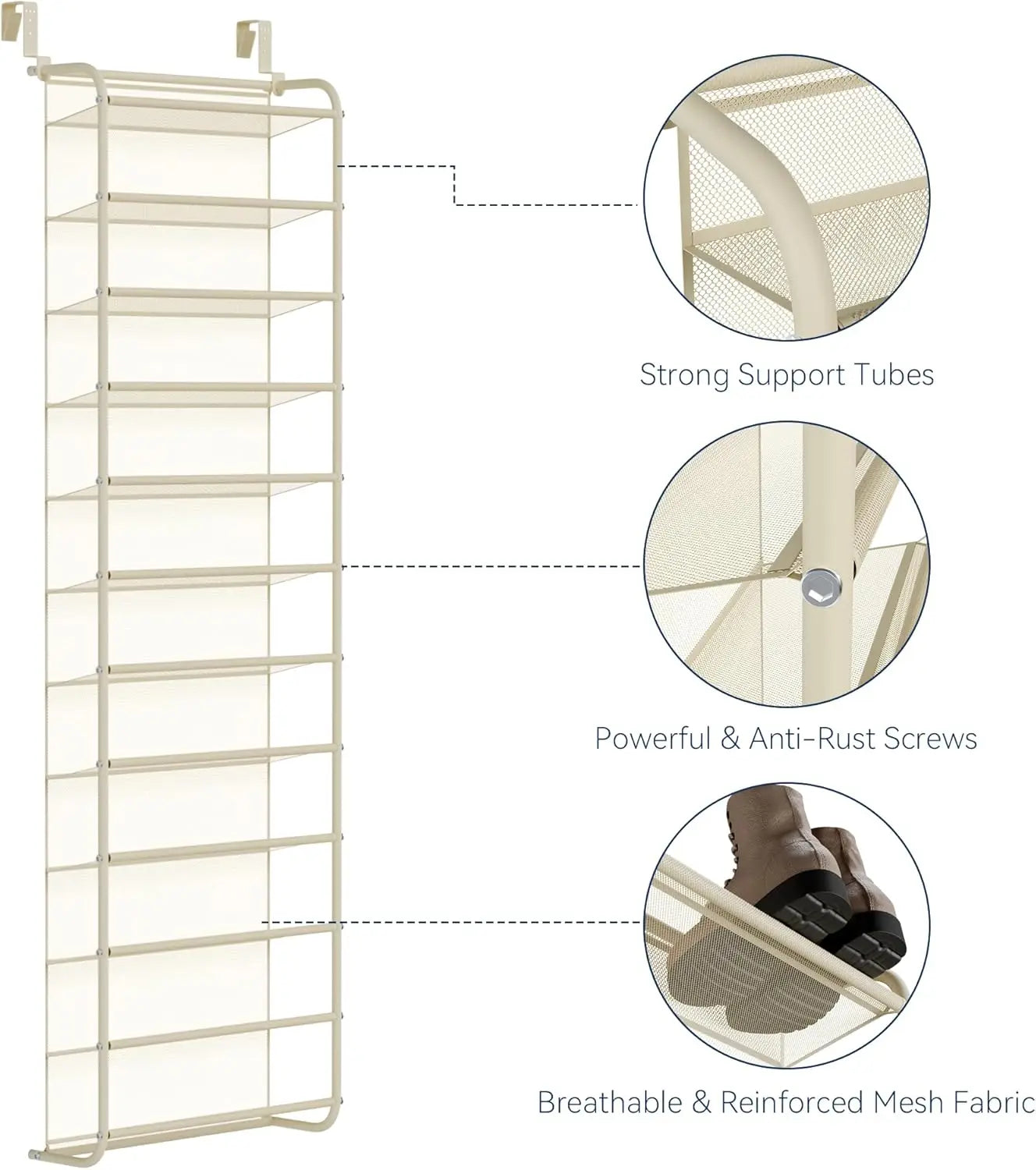 36-Pair Over-the-Door Shoe Organizer | 12-Tier Heavy Duty Metal Mesh Hanging Rack, Beige