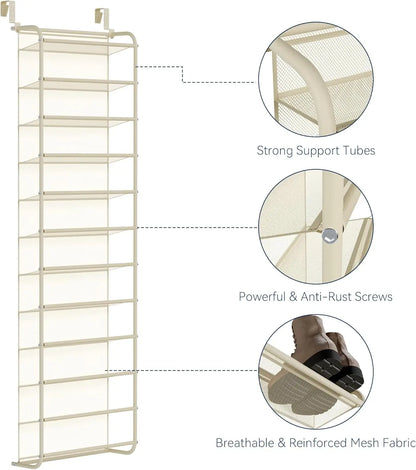 36-Pair Over-the-Door Shoe Organizer | 12-Tier Heavy Duty Metal Mesh Hanging Rack, Beige