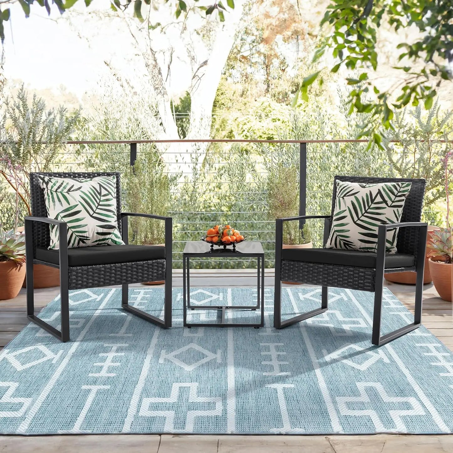 3-Piece Outdoor Patio Wicker Furniture Set | Rattan Chairs & Coffee Table, Black