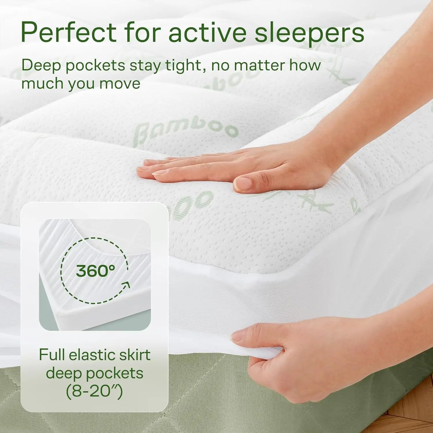 King Size Bamboo Viscose Mattress Topper | Cooling Ultra-Soft Back Pain Relief, Green