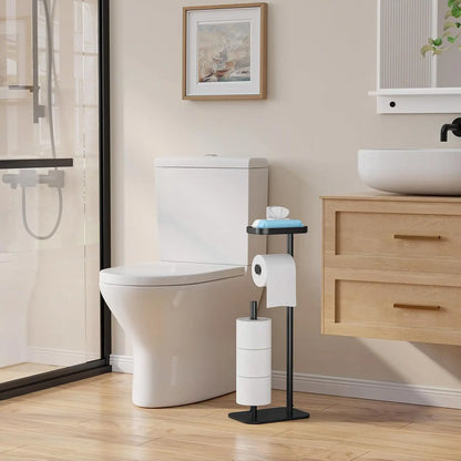 Free-Standing Toilet Paper Holder with Shelf | Rustproof Metal Bathroom Organizer, Black