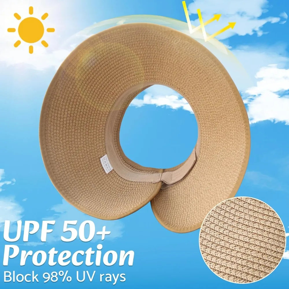 Wide Brim Straw Beach Hat for Women | UPF 50+ Packable Floppy Sun Hat with Ponytail Hole