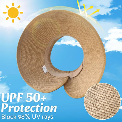 Wide Brim Straw Beach Hat for Women | UPF 50+ Packable Floppy Sun Hat with Ponytail Hole