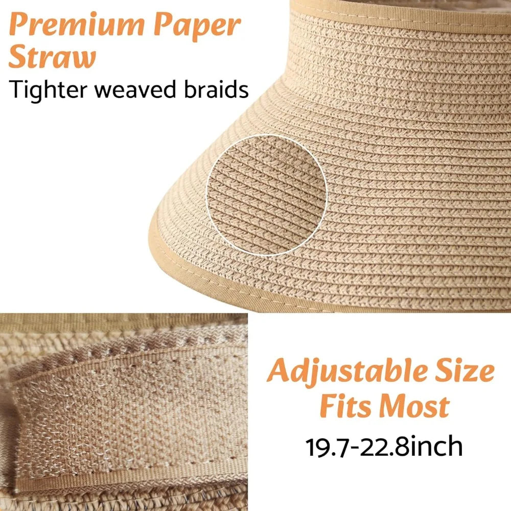 Wide Brim Straw Beach Hat for Women | UPF 50+ Packable Floppy Sun Hat with Ponytail Hole