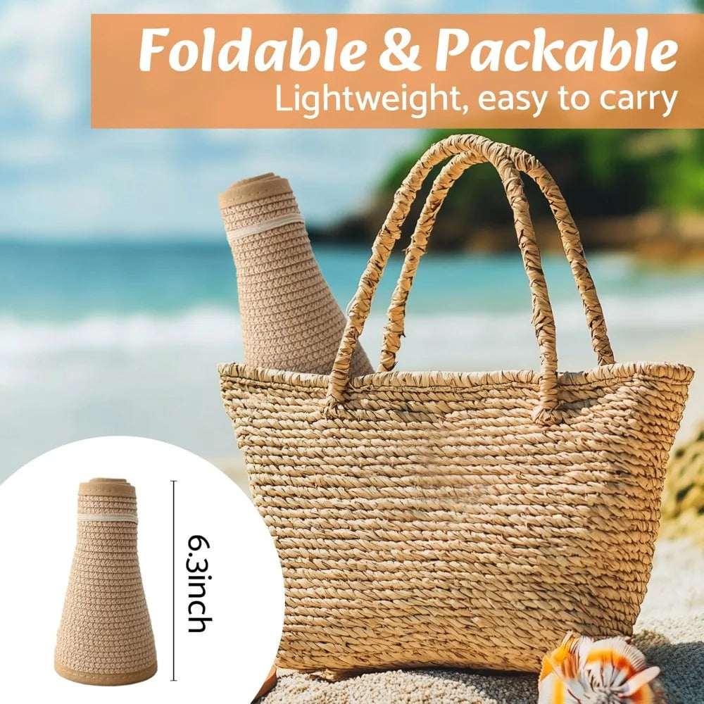 Wide Brim Straw Beach Hat for Women | UPF 50+ Packable Floppy Sun Hat with Ponytail Hole