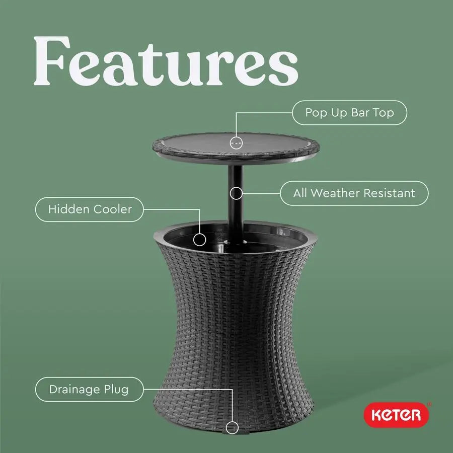Outdoor Pop-Up Bar Table with 7.5-Gallon Hidden Cooler | All-Weather Patio & Hot Tub Side Table, Dark Grey