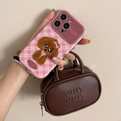 Case Checkered Embroidery Of Small Dog And Bear Phone Cover﻿﻿﻿﻿