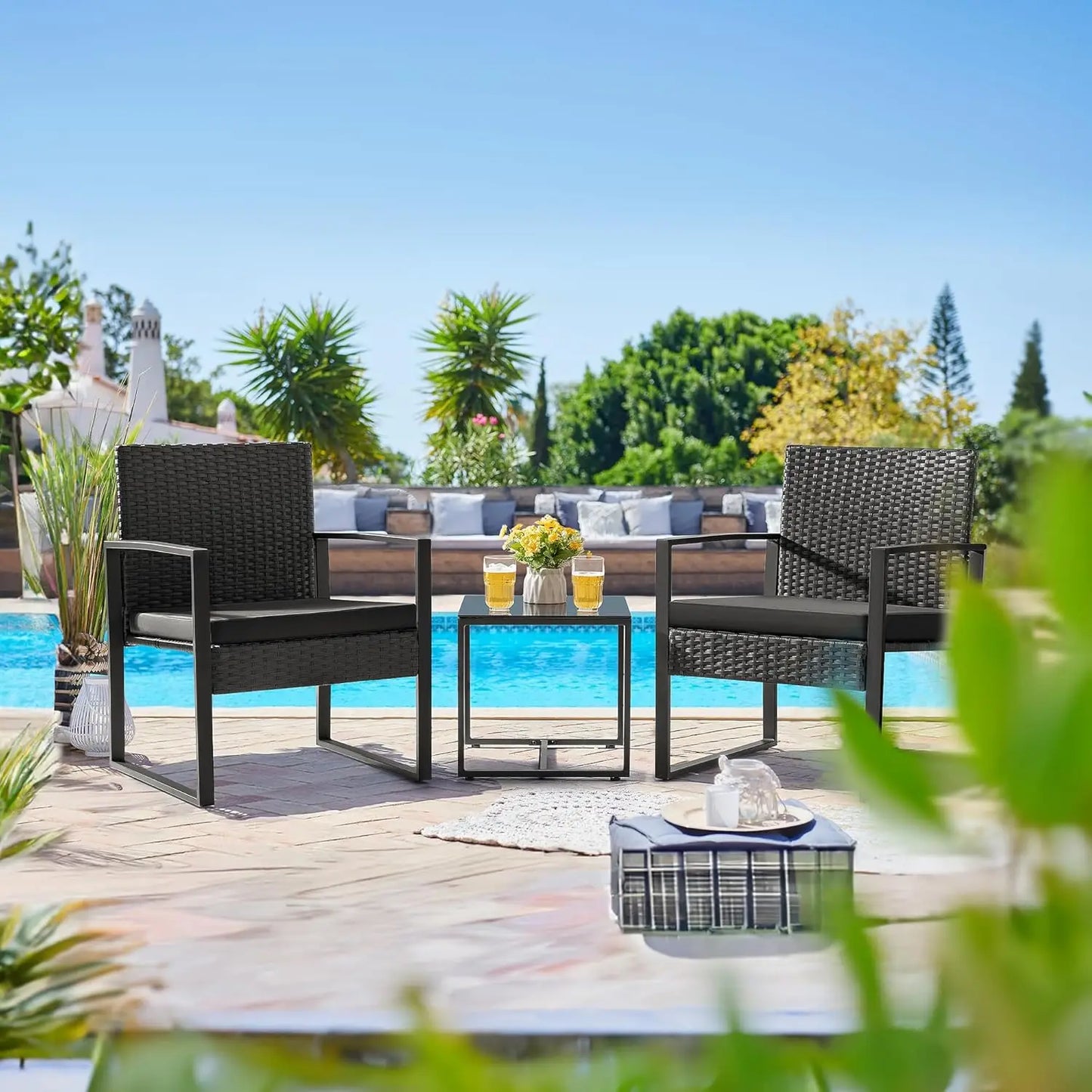 3-Piece Outdoor Patio Wicker Furniture Set | Rattan Chairs & Coffee Table, Black