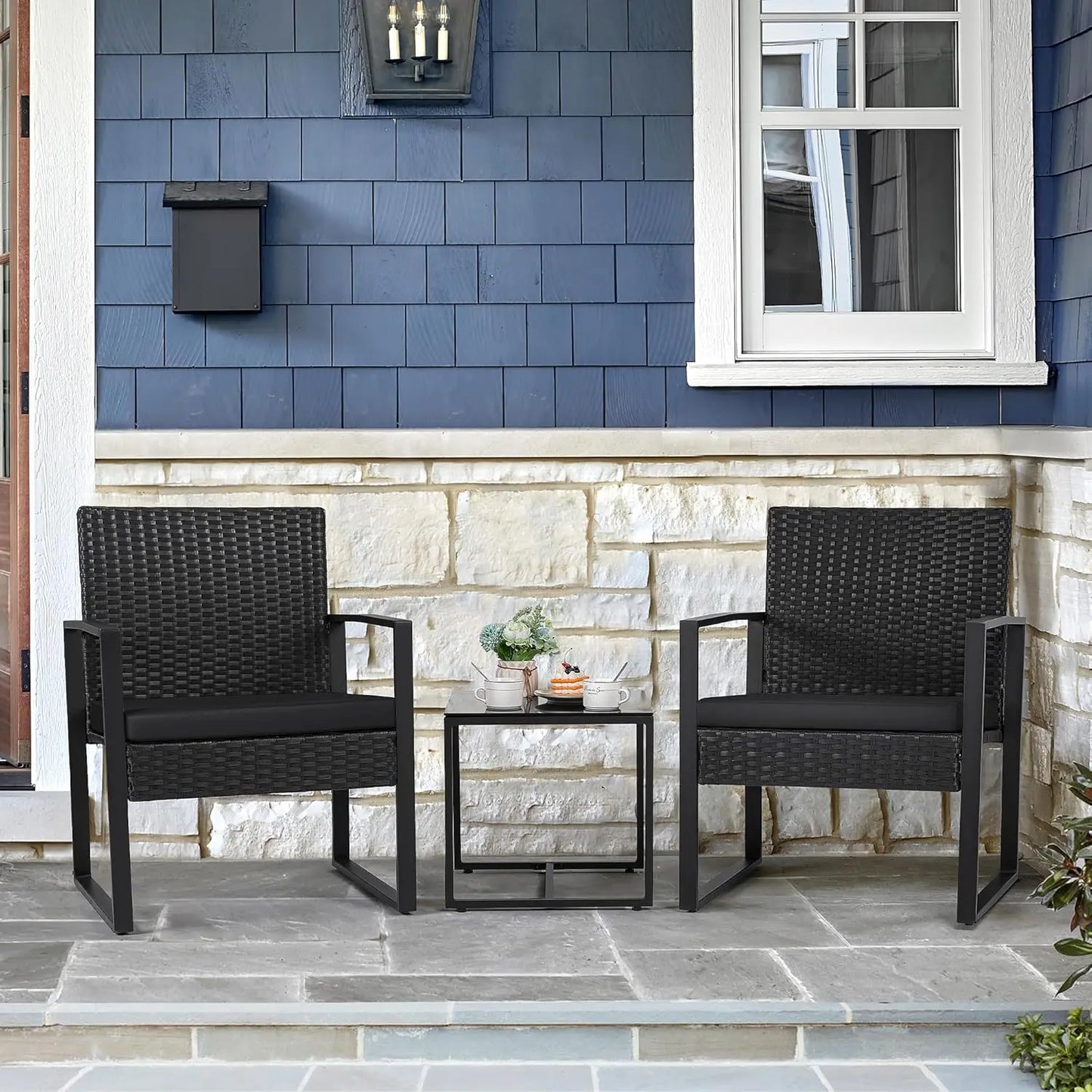 3-Piece Outdoor Patio Wicker Furniture Set | Rattan Chairs & Coffee Table, Black