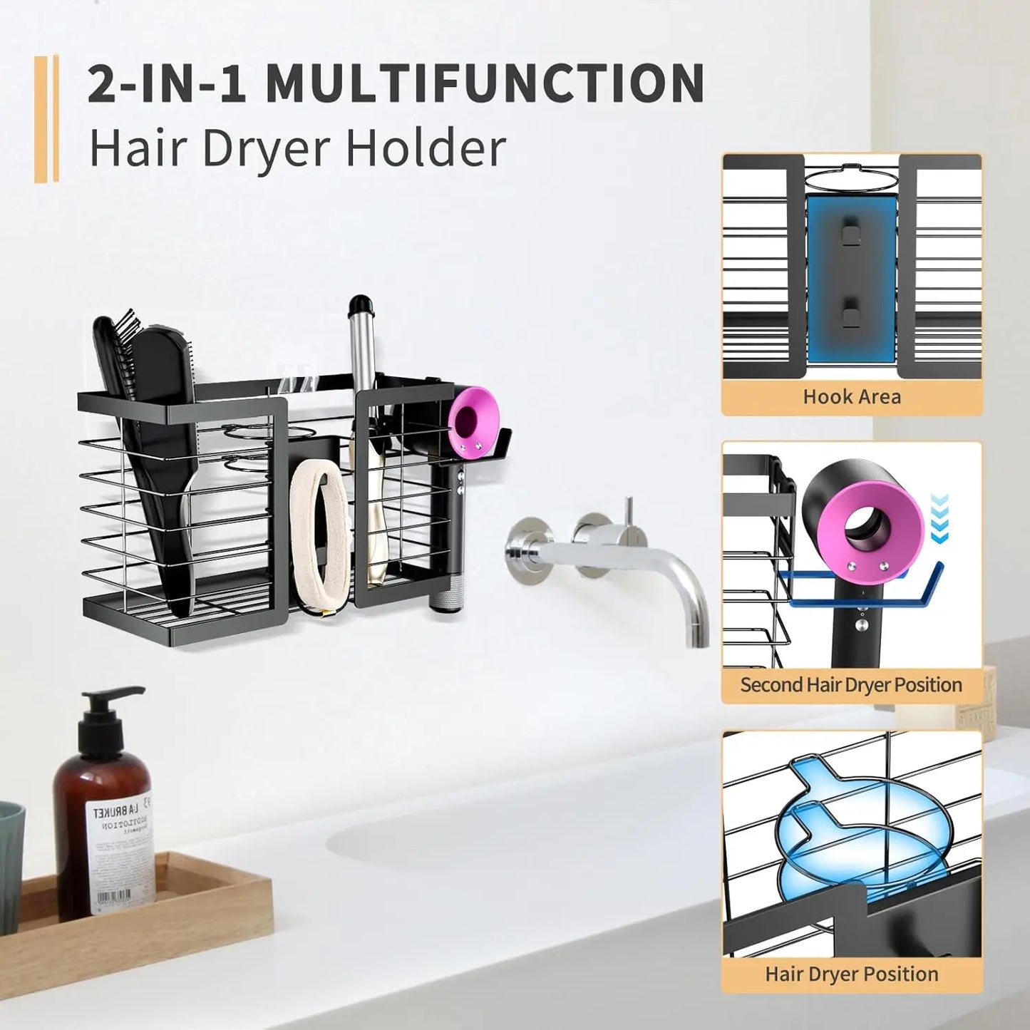 3-in-1 Wall-Mounted Hair Tool Organizer | Hair Dryer, Flat Iron & Curling Iron Holder