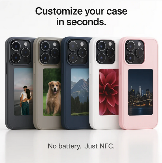 NFC smart phone case with square e-ink display showing customizable design