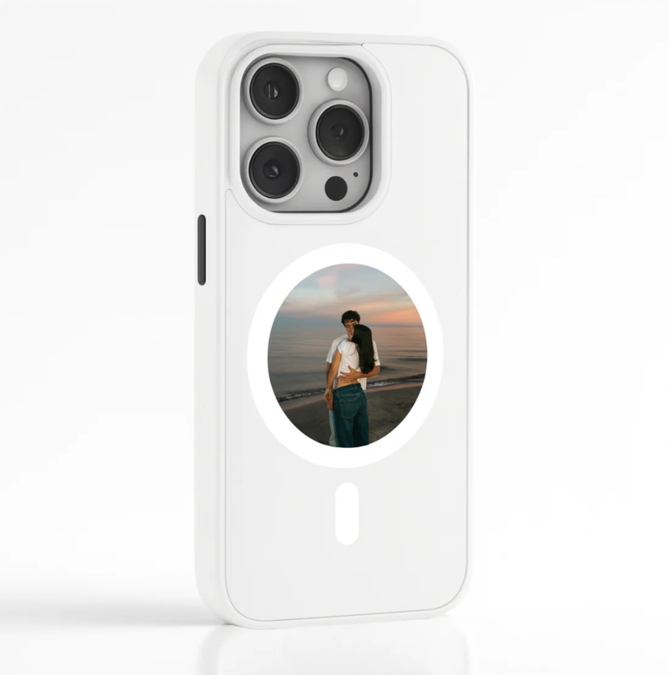 White NFC phone case with round e-ink display for iPhone