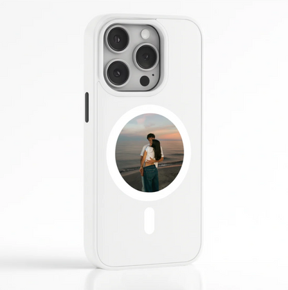 White NFC phone case with round e-ink display for iPhone